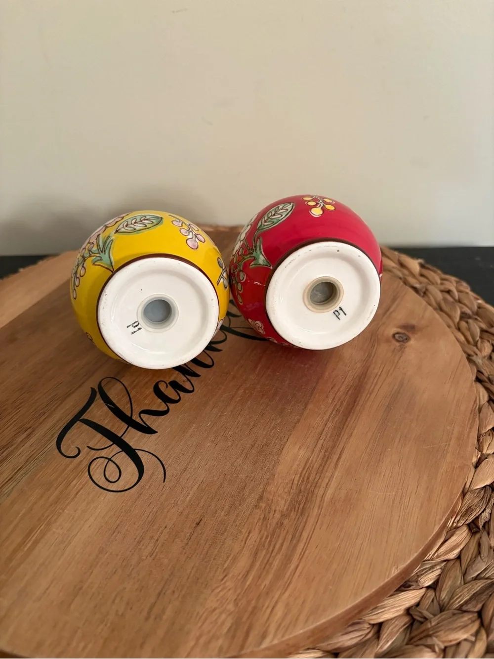 Pier 1 Hand-Painted Yellow and Red Floral Salt & Pepper Shakers